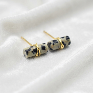 Ratnarachit Women's Dalmatian Jasper <b>Earrings</b> 12x5mm Rounded Rectangle Wire Wrapped <b>Studs</b> Gold Silver Rose Gold Minimalist Gift - Product Image 2