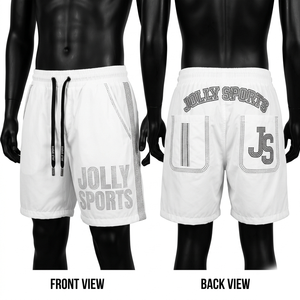 Pantalones cortos deportivos blancos transpirables de poliéster premium de 140 GSM con detalle de logotipo personalizado con diamantes de imitación para hombre - Product Image 5