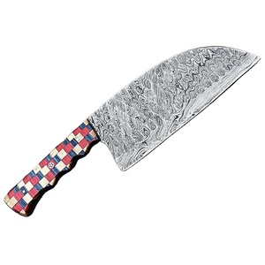 Couteau de chef serbe artisanal en acier Damas avec manche en bois multicolore, couteau professionnel pour boucher et découpe de viande - Product Image 1