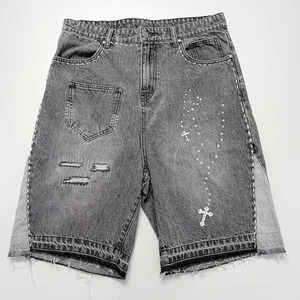 Men's High Waist Asymmetric Hip Hop Denim Shorts Crystal Decoration Breathable Spandex/Cotton Blend Ripped Distressed Snow Wash - Product Image 1
