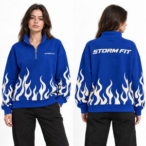 Sweat-shirt personnalisé pour femme, blanc, imprimé flamme, col zippé, coupe classique, en coton tricoté, décontracté, pour l'automne - Product Image 6