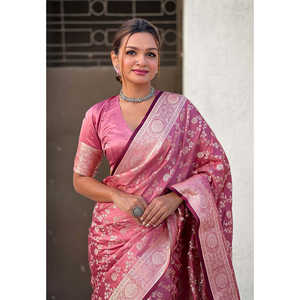 ผ้าไหมซาตินสีชมพูแบบ Banarasi Jaal พร้อมลายปักดิ้นสีชมพู  เสื้อผ้าอินเดียและปากีสถาน - Product Image 4