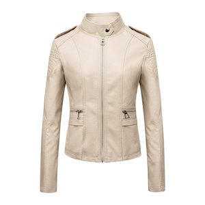 Chaqueta de Motociclista de Cuero Sintético PU Beige para Mujer, Cuello Alto, Manga Larga, Cierre de Cremallera, Color Sólido, Estilo Biker, Ropa de Otoño - Product Image 1