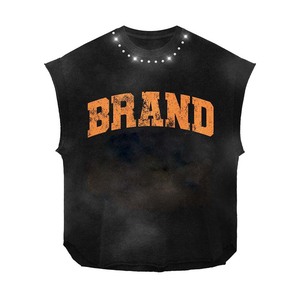 Women sleeveless tshirt GSM premium cotton jersey breathable <b>red</b> vintage wash rhinestone neck print custom Women's Cotton shirts - Product Image 4