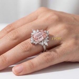 18K Gold Shield Cut Pink Lab Grown Diamond Halo <b>Ring</b> Floral Cluster Nature Inspired Bridal Wedding <b>Ring</b> Women <b>Custom</b> <b>Ring</b> - Product Image 1