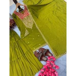Conjunto de ropa de fiesta elegante para mujer de diseñador Sarara Plazzo Top & Dupatta para ocasiones especiales - Product Image 3