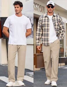 Pantalones Chinos de Poliéster/Algodón para Hombre, Corte Recto, Cintura Elástica con Cordón, Ligeros y Plisados, Estilo Casual de Oficina - Product Image 3