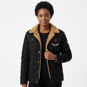 Men's Winter Denim <b>Jacket</b> <b>With</b> <b>Lining</b> Embroidered Wings Logo Turn-down Collar Casual Thick Warm Coat - Product Image 3