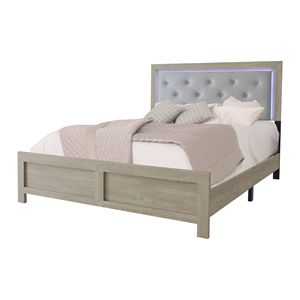 Letto Matrimoniale Moderno con Testiera Illuminata, Rivestimento in Ecopelle Beige, Trapuntatura a Bottoni, Mobili per Camera da Letto in Legno - Product Image 2