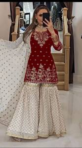 Kurti rojo bordado para mujer con pantalones palazzo color crema y dupatta, traje tradicional indio-pakistaní para bodas, largo hasta el suelo. - Product Image 3