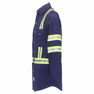 Chemise de travail réfléchissante haute visibilité bleu marine pour homme, manches longues avec bandes jaunes argentées, en coton - Product Image 2