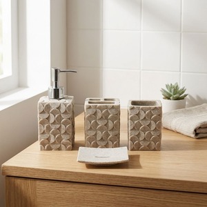 Juego de baño de resina con aspecto de mármol de la mejor calidad, con dispensador de jabón, jabonera, portacepillos de dientes y vaso, disponible para la venta. - Product Image 3