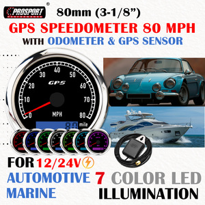 80mm 3-1/8" 7 Color Electrical <b>GPS</b> <b>Speedometer</b> 80MPH ODOMETER 12/24V Black Faceplate IP67 Automotive Marine - Product Image 2