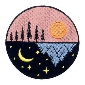 Custom Embroidered Luxury Patch with Moon Stars Trees and Mountains <b>Sew</b>-On Fabric Badge for Garment Decoration Using Safety <b>Pin</b> - Product Image 1