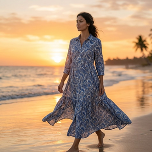 Elegant Free Size Silk Shirt <b>Dress</b> Ibiza Style Azure and Indigo Paisley Long Flowy Maxi Gown for Vacation <b>Lounge</b> and Resort Wear - Product Image 3