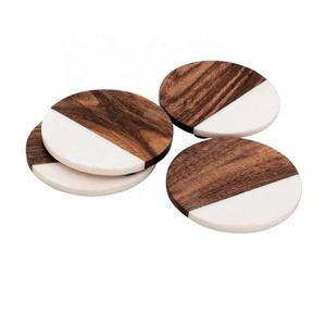 Ensemble de 4 sous-verres ronds en marbre et bois marron foncé pour café, boisson, thé, table moderne pour la décoration de la maison - Product Image 1