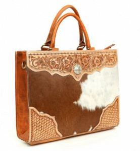 Hand Tooled Hair-On Genuine Leather Tote Bag | Western Floral Cowhide <b>Briefcase</b> with Strap | Stylish Designer Laptop Office Bag - Product Image 3