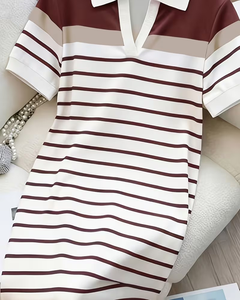 Women's Breathable Midi Striped Polo Collar Knit Dress Short Sleeve Casual Summer Button Bodycon Sweater - Product Image 3