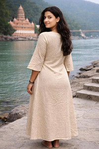 Women Handloom Khadi Cotton Kurta with Traditional Brown Geometric Embroidery Work Casual Elegant V-Neck Ethnic Tunic Dress - Product Image 3
