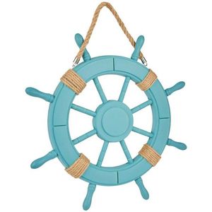 Decoración inspirada en un faro con timón de barco de madera, diseñada para enriquecer interiores con temática oceánica con un carácter costero rústico. - Product Image 3