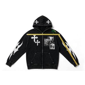 Sudadera con capucha de mezclilla negra con cremallera y lavado ácido personalizada para hombre, con estampado gótico de cruz y llamas, estilo vintage, ropa urbana, venta al por mayor de fábrica OEM - Product Image 6