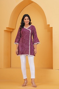 Women Rayon Printed Kurti Top Wine Ethnic <b>Tunic</b> with Pom Pom Lace Casual Wear Kurti - Product Image 2