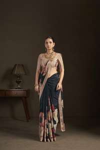 Sari prêt-à-porter haut de gamme avec chemisier cousu, en crêpe de soie à imprimé numérique floral, sari indien, vente en gros, exportation - Product Image 5