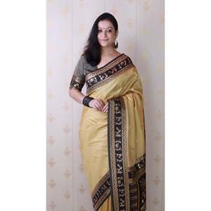 Sari traditionnel indien/pakistanais en soie douce Chickoo tissée avec des fils Zari, art Warli, vêtements élégants - Product Image 5