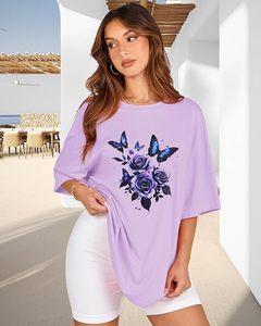เสื้อยืดลำลองคอกลมแขนสั้นพิมพ์ลายผีเสื้อดอกไม้สีลาเวนเดอร์สำหรับผู้หญิงฤดูใบไม้ผลิฤดูร้อนเสื้อผ้าฝ้ายเจอร์ซีย์ - Product Image 5