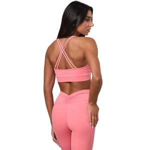 Custom Logo <b>Pink</b> Ruched V Neck Sports Bra Women High Support Padded Gym Athletic Fitness <b>Crop</b> <b>Top</b> Activewear Wholesale - Product Image 2