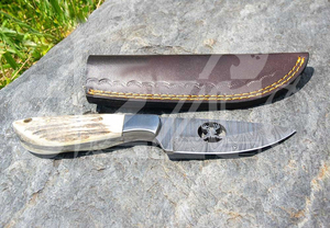 Cuchillo de caza OEM Wirecut de acero de Damasco, cuchillo Skinner con mango de asta de ciervo, hoja fija para camping, cuchillo EDC para exteriores con funda de cuero - Product Image 2