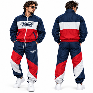 mens navy blue <b>red</b> white geometric jacket and pant set full zip windbreaker jacket diagonal panel track pant training suit <b>tops</b> - Product Image 6
