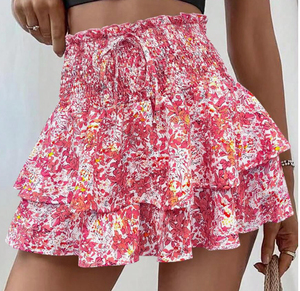 Falda con Volantes y Estampado Floral de Cintura Alta para Mujer, Pantalones Cortos Casuales de Gasa con Cordón, Ajuste Holgado y Transpirable, Estilo Veraniego - Product Image 1