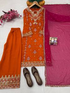 Ensemble Salwar Kameez brodé orange pour femme avec dupatta rose – Tenue de soirée ethnique avec détails de broderie sur le col - Product Image 5