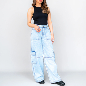 Nuevos pantalones cargo de mezclilla para mujer, estilo casual, con bolsillos grandes, pierna recta, técnica lavada, ideales para el verano y el trabajo. - Product Image 6