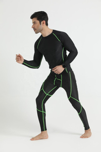 SIRIUS SPORTS Men's <b>Black</b> Compression <b>Long</b> <b>Sleeve</b> Crew Neck <b>Top</b> Green Contrast Stitch Breathable Seamless Quick Dry Spandex - Product Image 4