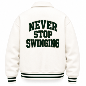 Men's White Varsity Jacket Breathable Stand Collar 100% Cotton <b>Covered</b> <b>Button</b> Closure Embroidered Never Stop Swinging Preppy - Product Image 2