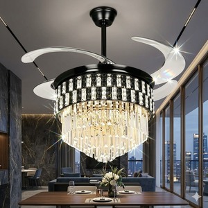 Luxury Black <b>Crystal</b> Chandelier <b>LED</b> <b>Light</b> Fixture with Remote Control for Modern Home Interiors Invisible Blade <b>Ceiling</b> Fan - Product Image 3