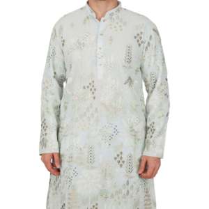 Ensemble de kurta pour homme en vert menthe avec broderie botanique en tissu Georgette TMEN09-01-S - Product Image 2