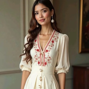 Vestido Maxi Of-White con Cuello en V y Botones, Bordado Floral Rojo, Mangas Abullonadas Delicadas, Vestido de Fiesta Elegante para la Noche - Product Image 1