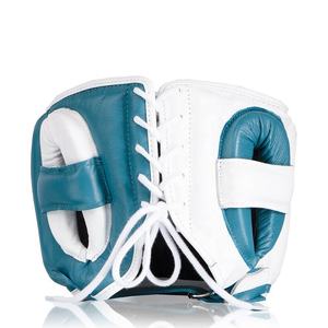 New <b>Style</b> Genuine Cowhide Leather Blue & White Fly Boxing <b>Head</b> Guard Premium Quality Fly <b>Head</b> Guard Laced Boxing Training Helmet - Product Image 2