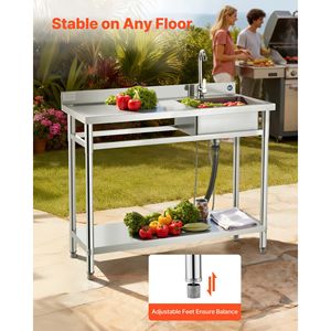 Lavello Commerciale Monoblocco Autoportante in Acciaio Inossidabile con Rubinetto per Cucina, Lavello Utilitario con Vasca Sinistra per Banco da Lavoro - Product Image 6
