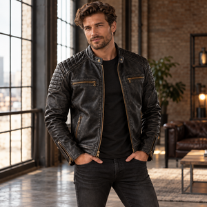 Black <b>Genuine</b> <b>Leather</b> Motorcycle <b>Jacket</b> for <b>Men</b> with Quilted Shoulders, Brass-Tone Zippers, Zip Cuffs, Stand Collar and Pockets - Product Image 1