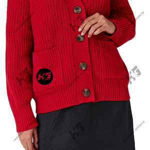 Premium Women's Crew Neck Ribbed Knit <b>Cardigan</b> <b>Sweater</b> Cherry Red Button-Up Winter Casual Soft Hand Feel Custom-Weight Fabric - Product Image 3