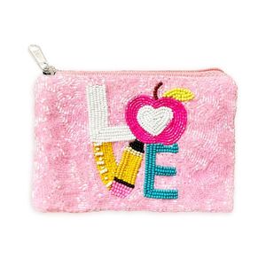 Handcrafted fashionable Durable <b>pink</b> seed beaded LOVE Design coin pouch decorative women mini zipper pouch - Product Image 1