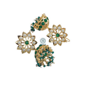 Madhubala Emerald Green Jadau Drop Earrings-Gold Plated Brass with Jade and Pearl - Product Image 3