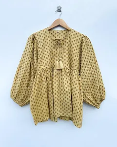 Vestido Mini Casual de Verano con Estampado Floral Amarillo Bohemio, Manga Abullonada de Algodón, Corte Holgado y Cuello con Lazos - Product Image 1
