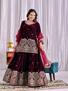 Velvet Embroidered Women Salwar Kameez Set with <b>Net</b> Dupatta Sleeveless <b>Top</b> Quick Dry Traditional Indian Outfit for Wedding Party - Product Image 5