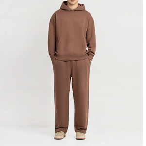 Chándal Unisex Marrón con Capucha, Color Sólido, Corte Regular, Informal para Otoño, de Algodón, con Bolsillos Laterales y Cierre con Cordón - Product Image 2