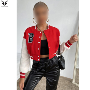 Customized Made <b>Red</b> White Letter B Varsity Jacket Full Sleeve Turn Down Collar Short Length Autumn Wear Women's Jackets - Product Image 6